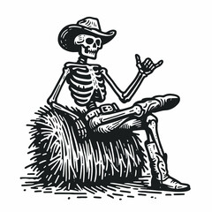 Skeleton as Cowboy Sitting on a haystack. Western Outline Clipart ink line art doodle vector illustration. Bony cowhand figure perched atop forage pile genre spooky motif.