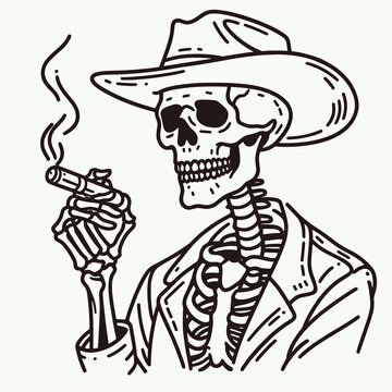 Skeleton as Cowboy Smoking a cigar. Western Outline Clipart ink line art doodle vector illustration. Bony gunslinger with stogie undead figure puffing on cheroot.