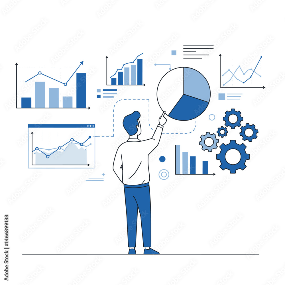Poster man analyzing data on virtual interface with charts gears