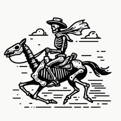 Skeleton as Cowboy Riding into town. Western Outline Clipart ink line art doodle vector illustration. Boney desperado atop steed entering hamlet fantasy theme.