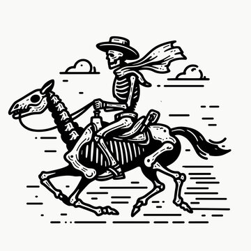 Skeleton as Cowboy Riding into town. Western Outline Clipart ink line art doodle vector illustration. Boney desperado atop steed entering hamlet fantasy theme.