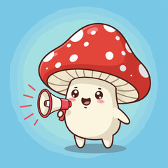 Cute mushroom character shouting into megaphone announcement news