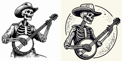 Skeleton as Cowboy Playing the banjo. Western Outline Clipart ink line art doodle vector illustration. Bony rancher strumming banjo spectral guitar player in desert scene.