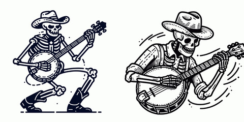 Skeleton as Cowboy Playing the banjo. Western Outline Clipart ink line art doodle vector illustration. Bony gunslinger strumming folk instrument art bone character ranchero musician.