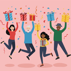 Diverse group celebrating with gifts and confetti at a party