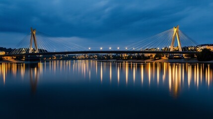 Obraz premium A stunning suspension bridge lit by soft lights at dusk, its reflection shimmering on calm water, with a peaceful city skyline framing the view. 