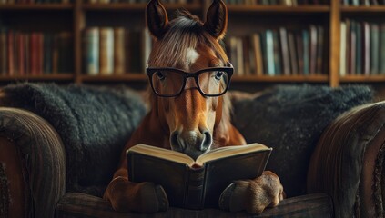 A horse is sitting on a couch and reading a book