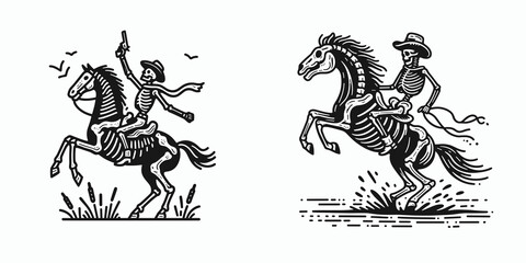 Skeleton as Cowboy Horse rearing. Western Outline Clipart ink line art doodle vector illustration. Bony rider equine mounting character ghostly steed wild west.