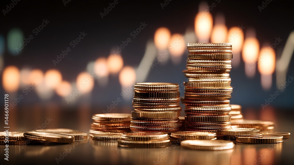 Poster close, up of stacked coins against a backdrop of glowing financial graphs, perfect for topics on inv
