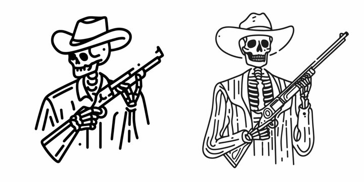 Skeleton as Cowboy Holding a rifle. Western Outline Clipart ink line art doodle vector illustration. Bony gunslinger with firearm phantom in attire ranch motif.
