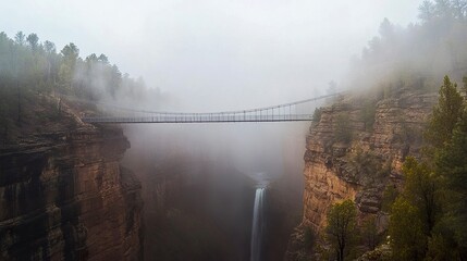 Obraz premium A suspension bridge blending engineering brilliance with natural beauty, spanning a deep canyon with waterfalls shrouded in ethereal mist. 
