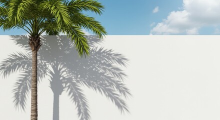 Palm Tree Shadow on White Wall - Tropical summer, shadow play, serene nature, vacation vibes, tranquil scene