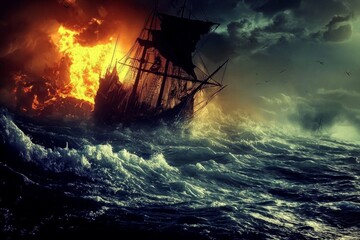 Obraz premium A wrecked pirate ship lies in the tumultuous ocean depths.