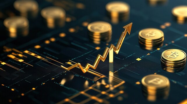 Gold coins resting on upward trending financial chart, symbolizing profitable investment strategy and economic prosperity