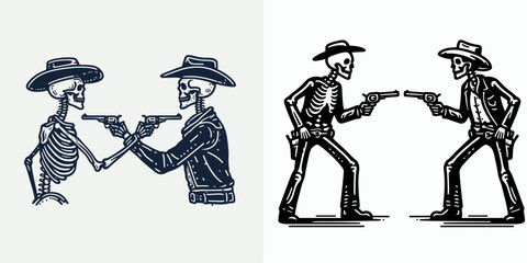 Skeleton as Cowboy Facing off in duel. Western Outline Clipart ink line art doodle vector illustration. Bony gunslinger showdown desert conflict with skeletal guns drawn.