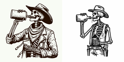 Skeleton as Cowboy Drinking from flask. Western Outline Clipart ink line art doodle vector illustration. Boney gunslinger enjoys beverage container undead hombre refreshment.