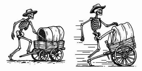 Skeleton as Cowboy Climbing onto wagon. Western Outline Clipart ink line art doodle vector illustration. Bony figure ascending carriage undead rising auto cart scene.