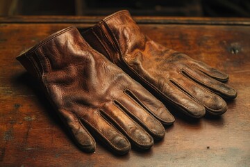 A pair of well-worn, brown leather gloves rest on a dark wooden surface, showing signs of age and use.