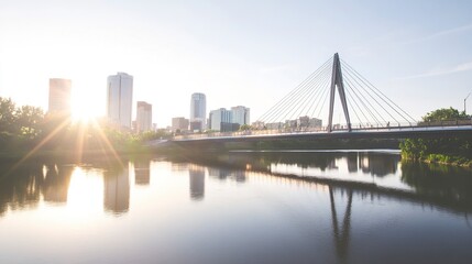 A suspension bridge stretching over a reflective river, with a sprawling urban skyline framed by a bright, clear sky. 