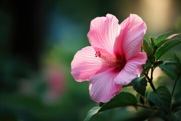 Delicate pink hibiscus flower in soft sunlight