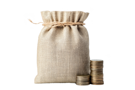 Investment strategies for financial growth business setting image of money bag and coins professional environment close-up view wealth management concepts Png, Transparent background.
