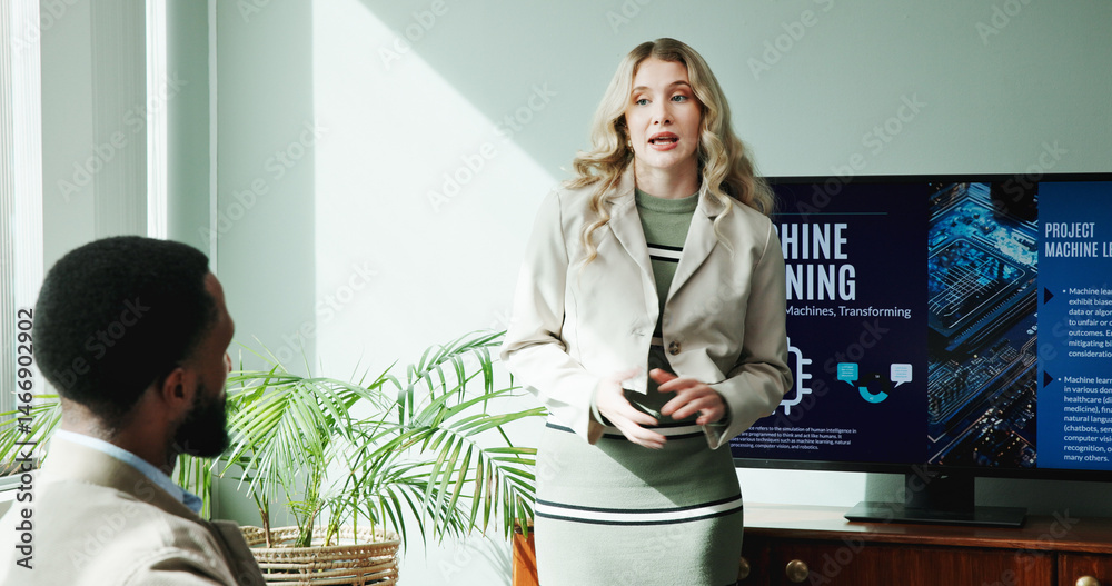 Aufkleber business woman, monitor and presentation in office for new innovation, idea and ai product promotion