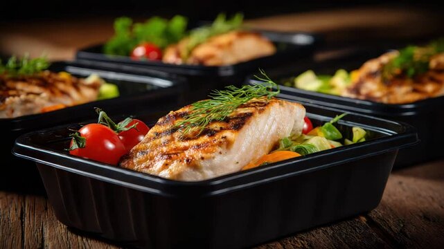 Grilled Salmon with Vegetables Healthy Meal Prep in Black Containers