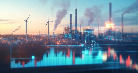 Industrial complex with overlaying financial data, showing a juxtaposition of traditional manufacturing and emerging renewable energy sources.  Environmental impact and economic indicators