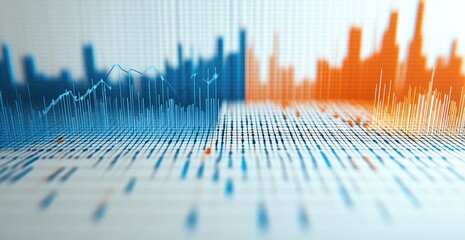 Abstract data visualization, showing multiple trends and metrics.  Colorful 3D bar graphs and lines on a grid background
