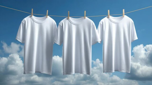 Three Blank White T Shirts Drying on a Clothesline Against a Blue Sky with Fluffy Clouds