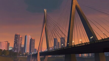 Fototapeta premium A towering cable-stayed city bridge, its modern design complementing the backdrop of a glowing skyline against the dusk sky. 