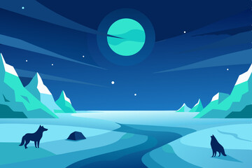 icy tundra with distant northern lights and howlin