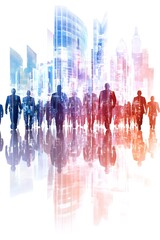 Urban crowd moving forward, reflected in a futuristic cityscape