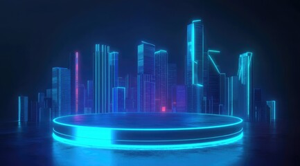 Neon cityscape backdrop with glowing platform