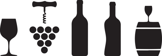 Black and white wine elements featuring glass bottles grapes corkscrew and barrel design
