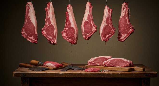 Premium Cuts of Meat Hanging and on Wooden Board - Juicy cuts of meat hanging and displayed on a rustic wooden board. Ready for grilling or cooking