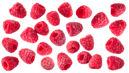 Freeze dried raspberries falling on transparent background