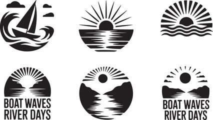 Collection of black and white circle logos depicting sailing sunsets and serene river landscapes