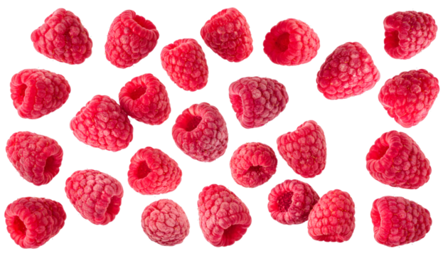 Freeze dried raspberries falling on transparent background