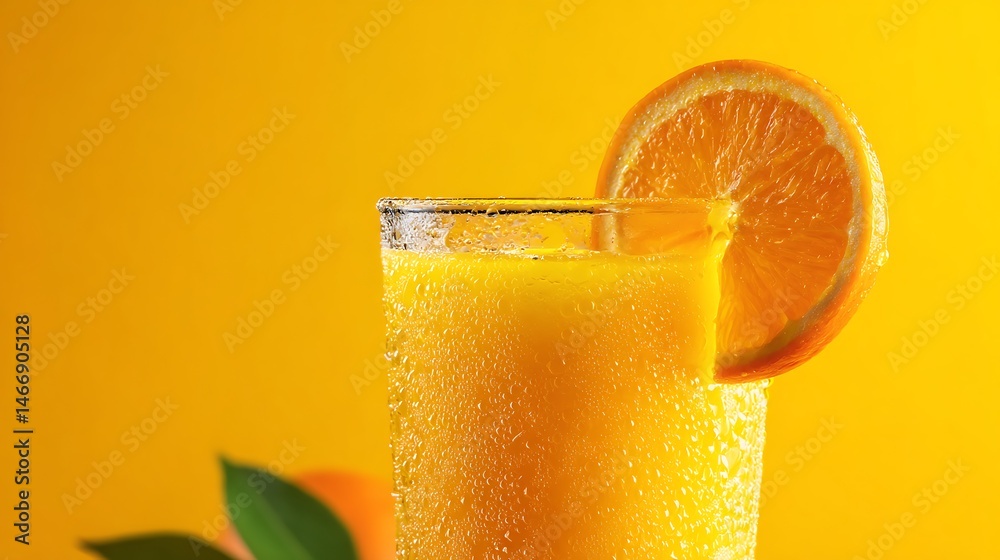 Poster closeup of a refreshing glass filled with chilled freshly squeezed orange juice garnished with a sli