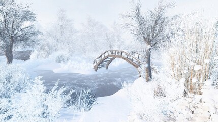 A tranquil snowy landscape with a wooden arch bridge spanning a frozen stream, the surrounding trees and bushes frosted in icy white.  