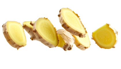 Multiple ginger slices floating in the air with transparent background