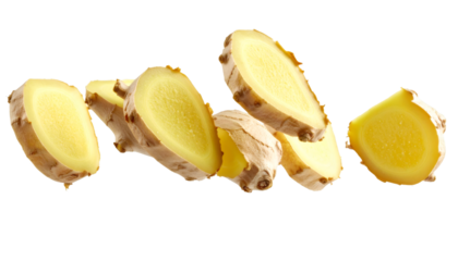 Multiple ginger slices floating in the air with transparent background