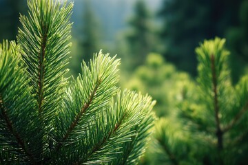 Obraz premium Close-up pine tree needles. Lush green foliage