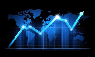 Global growth chart, upward trend on a world map background.  Blue glowing line graph illustrates rising global indicators over the world