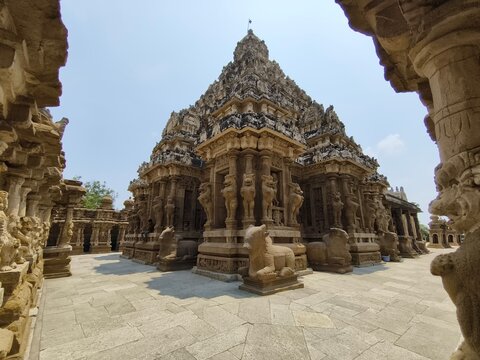 Sandstone sculptures from 8th century pallava Kailasanathar temple, Sculpture of kanchipuram temple shrine with ancient God, animal, chariot carved sandstone