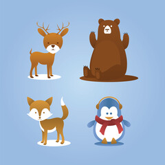 Cartoon character set of deer, fox, bear and penguin