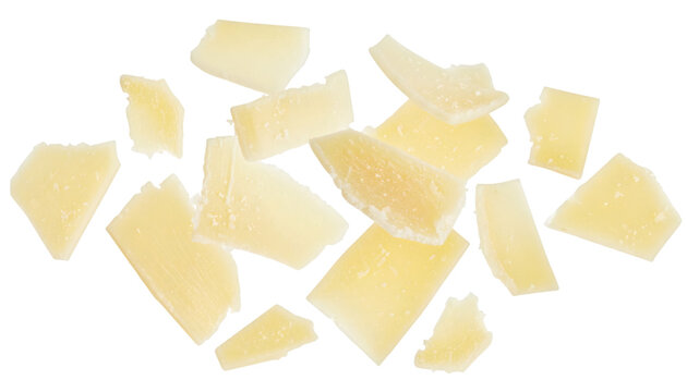 Parmesan flakes falling on transparent background