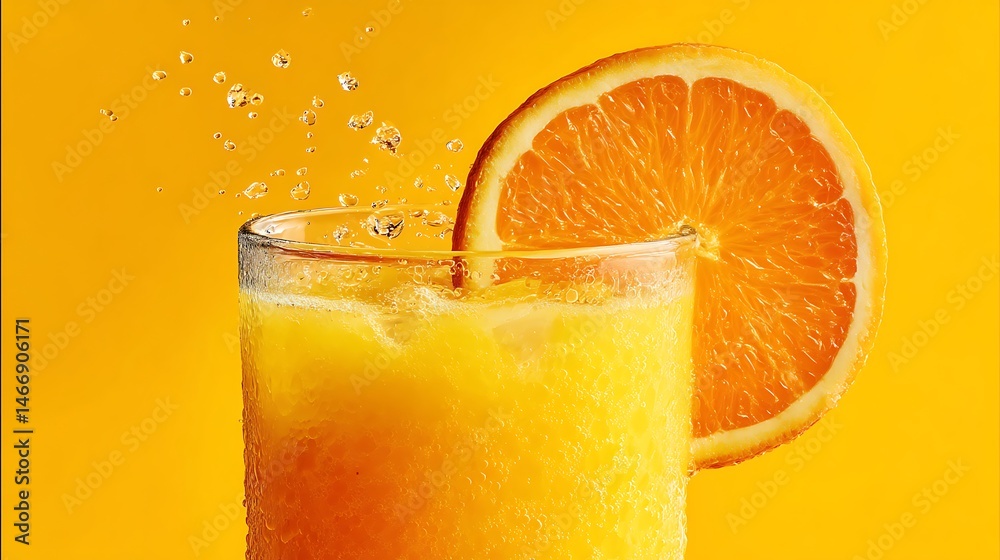 Poster closeup of a refreshing glass filled with chilled freshly squeezed orange juice garnished with a sli