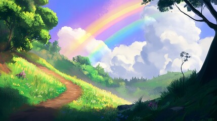 Obraz premium A vibrant rainbow crossing a cloud-dappled sky, casting soft light over a quiet path that leads into a horizon of warmth and possibility. 